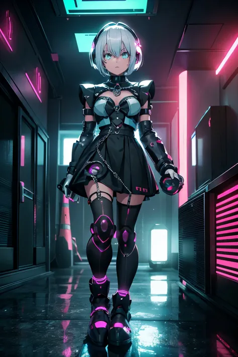 android girl,white hair,short and messy hair, purple neon eyes, holding a chain whip,chains on the hands,chains action, chains a...