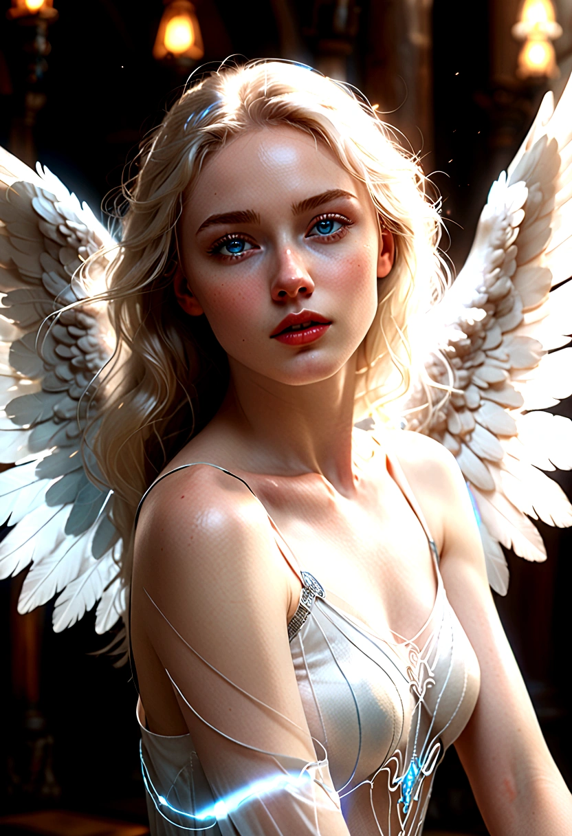 A woman with pale skin and blue eyes and an angelic face dances with a dreamy expression, as if she is dreaming. Camera angle that captures the upper body above the hips, clear resolution, cinematic lighting, clear picture quality, realistic atmosphere, bright theme, surreal atmosphere,