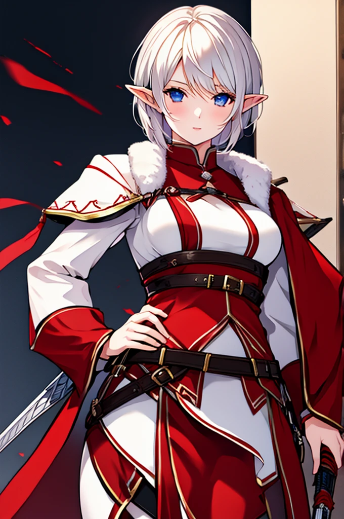 Mature woman, short white hair, red skinned, elf, assassin outfit