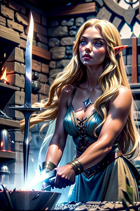 A dark blonde elven woman working at a forge, striking a sword at an anvil. A dark blonde elven woman blacksmith working at her ...