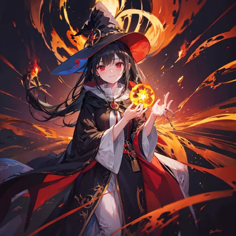 ((((witch　Lock))))　(((wand of flame　grimoire)))　((Black Hair　witchの帽子　Red eyes　smile　Looking down))　((explosion　fire))　(Magic Ro...