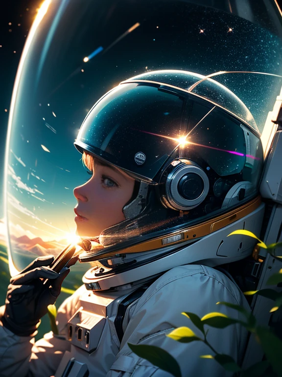 a close-up detailed plan, an astronaut in a detailed reinforced exoskeleton with a titanium transparent glass of a modern helmet, languidly sits on a field of cosmic ion plasma wheat, looks up at the sky among huge ears of blue-green twigs, dynamics, action, angle, emotions, calm and pacification, aesthetically pleasing, beautiful, ultra-detailed, realistic, macro shooting astronaut, double exposure, blending, focus