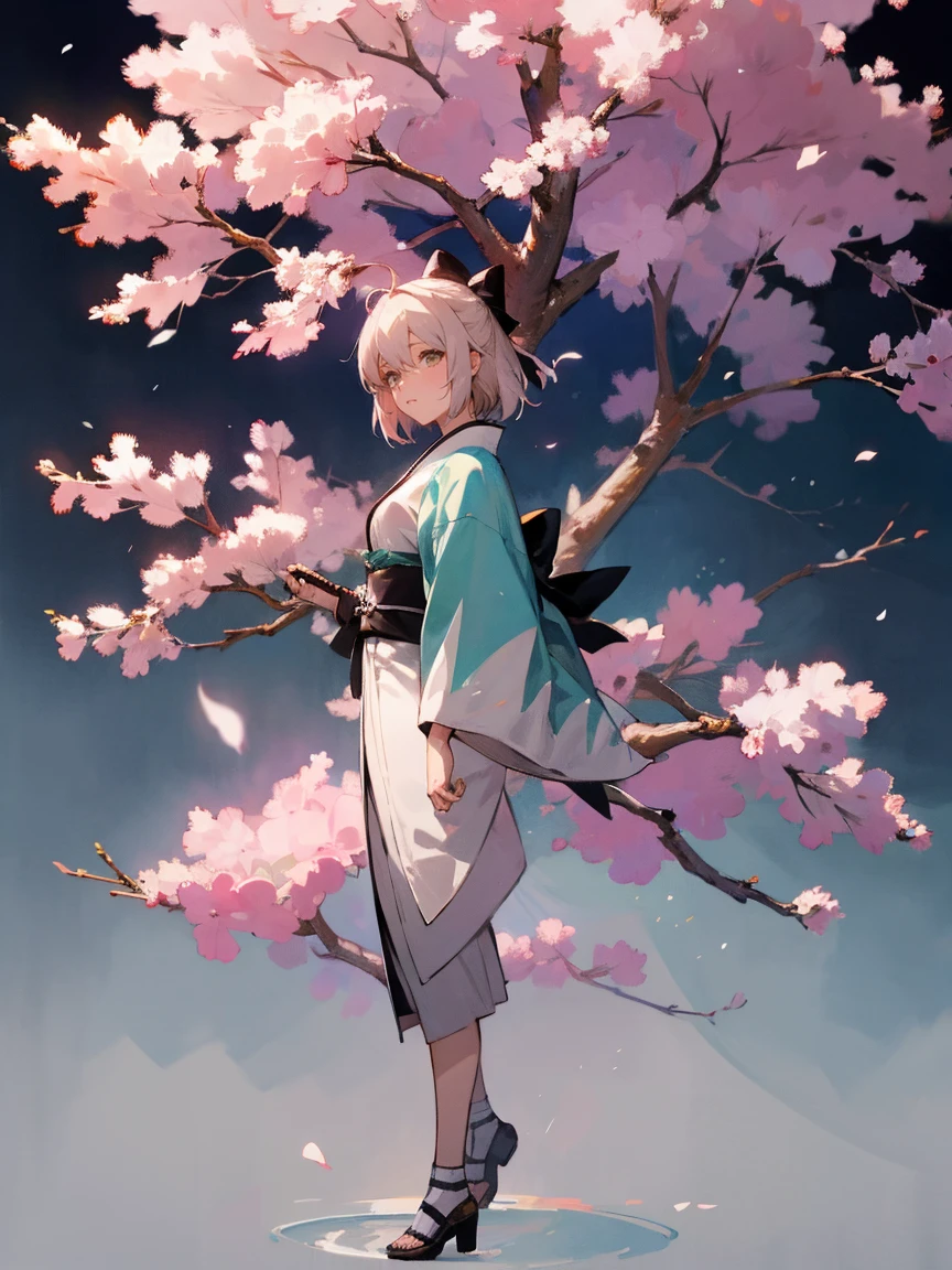 {Extremely detailed 8K wallpaper}, {Masterpiece}, {Best Quality}，Alone，full body shot，Okita Souji，short hair, kimono，celestial haori. cherry tree