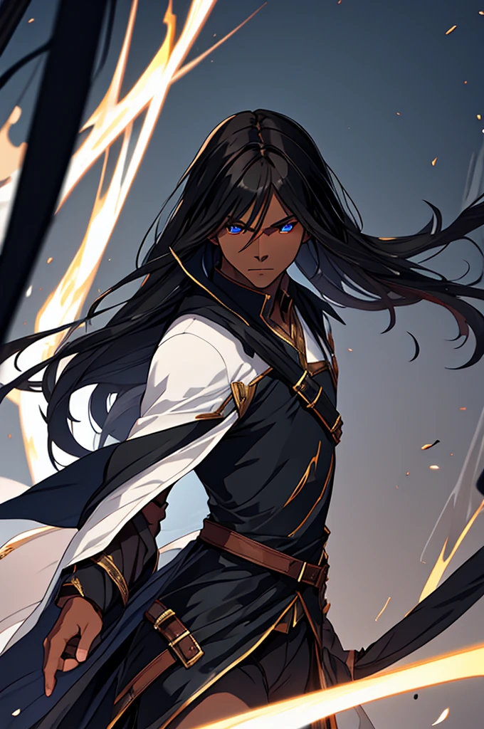 Mature man, long black hair, dark skinned, elf, battle mage outfit