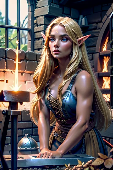 A dark blonde elven woman working at a forge, striking a sword at an anvil. A dark blonde elven woman blacksmith working at her ...