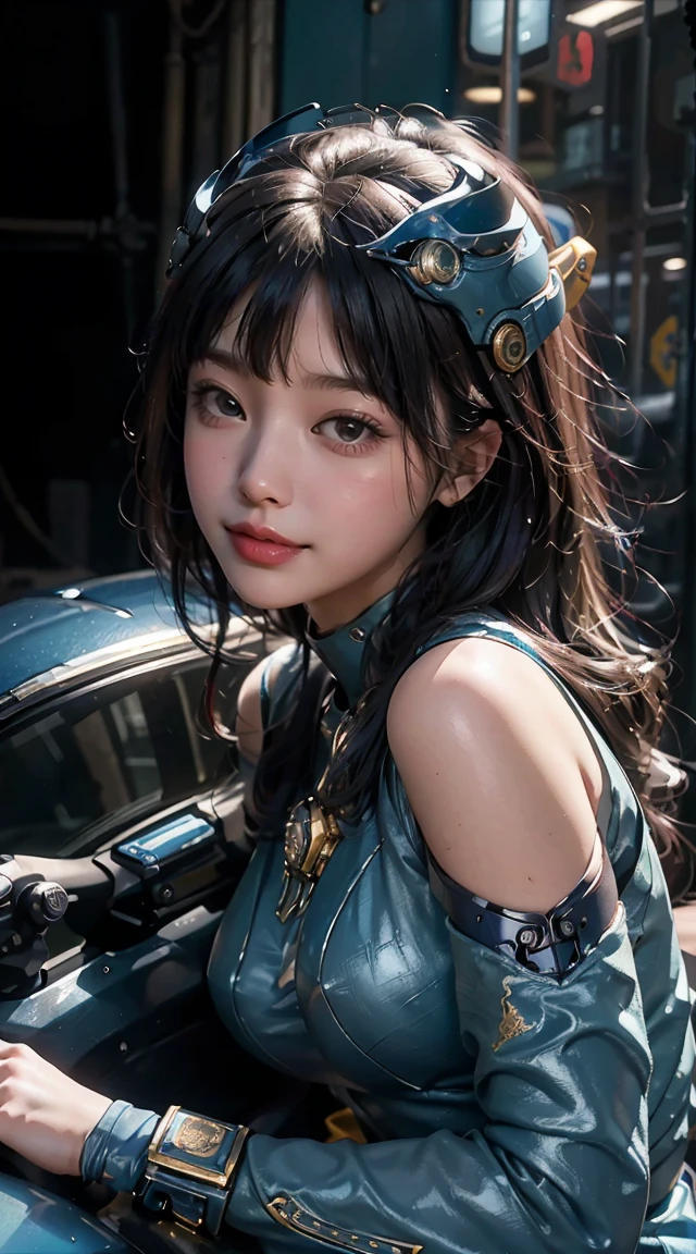 Best image quality, Excellent details, Ultra-high resolution, (realism: 1.4), Best illustrations, Favorite Details, Very condensed one girl, Delicate and beautiful features, Wearing a blue and gold mecha, Wearing a mecha helmet, Get behind the wheel of a motorcycle, Riding on motorcycle, The background is a futuristic city high tech lighting scene、CD-ROM