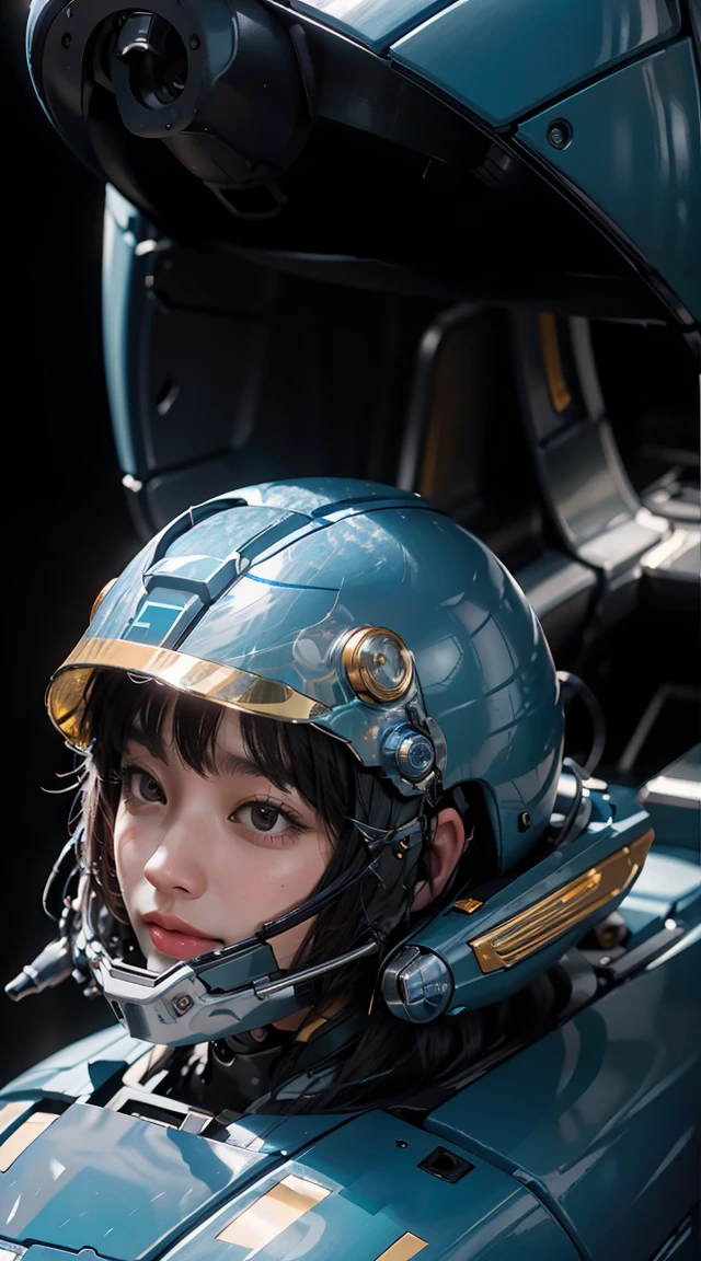 Best image quality, Excellent details, Ultra-high resolution, (realism: 1.4), Best illustrations, Favorite Details, Very condensed one girl, Delicate and beautiful features, Wearing a blue and gold mecha, Wearing a mecha helmet, Get behind the wheel of a motorcycle, Riding on motorcycle, The background is a futuristic city high tech lighting scene、CD-ROM