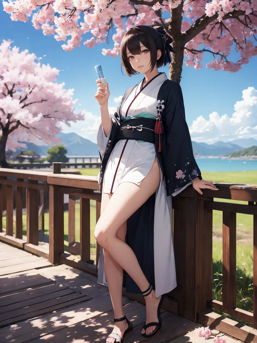 {Extremely detailed 8K wallpaper}, {Masterpiece}, {Best Quality}，Alone，full body shot，Okita Souji，short hair, kimono，celestial haori. cherry tree