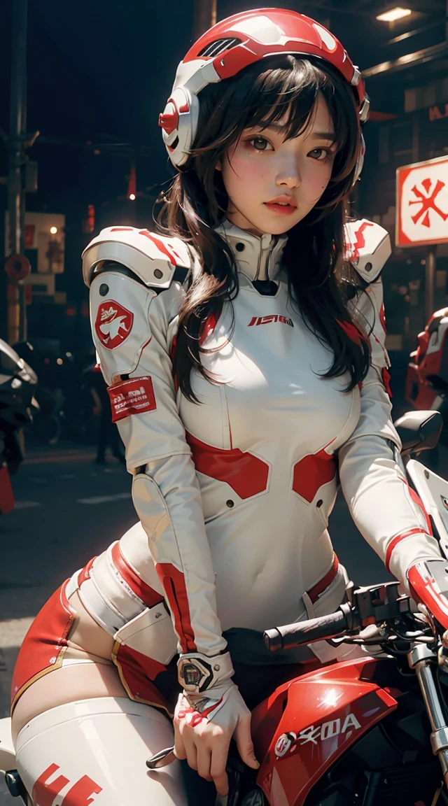 Best image quality, Excellent details, Ultra-high resolution, (realism: 1.4), Best illustrations, Favorite Details, Very condensed one girl, Delicate and beautiful features, Wearing a red and white mecha, Wearing a mecha helmet, Hold the directional controller, Riding on motorcycle, The background is a futuristic city high tech lighting scene.