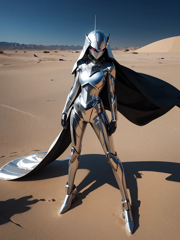 My universe is my world. A shiny silver mirrored android in the sand among the desert world. apocalypse, shadow, greyness, destruction, emptiness, absence, comic