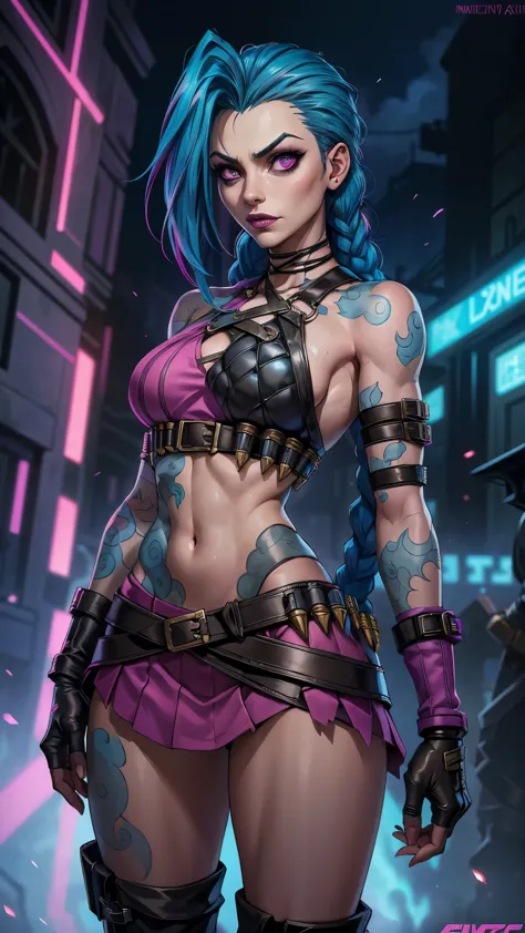 jinx arcane, uma mulher com hair blue e tatuagens, cyberpunk woman anime woman,(mini skirt pink :1.4) ,hyper detailed,extremely ...