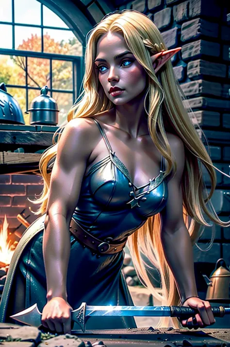 A dark blonde elven woman working at a forge, striking a sword at an anvil. A dark blonde elven woman blacksmith working at her ...