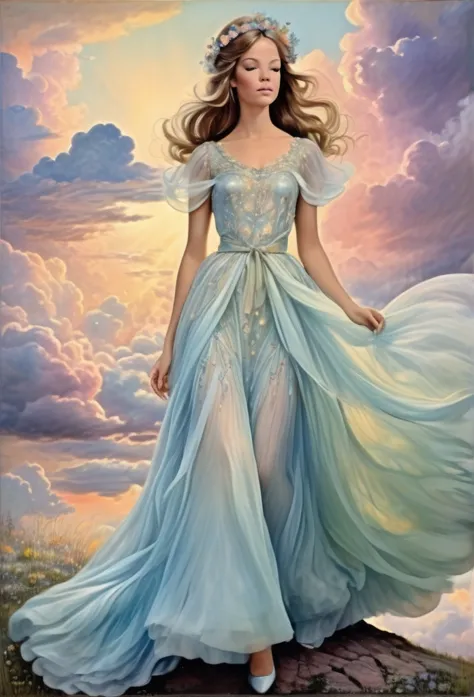 She, opalescent silk, soft pastels, dreamy clouds, flowing dress, fairy-tale allure, whimsical charm, , pastel-hued skies.,highl...