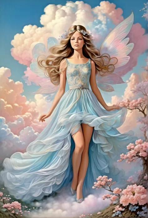 She, opalescent silk, soft pastels, dreamy clouds, flowing dress, fairy-tale allure, whimsical charm, , pastel-hued skies.,highl...