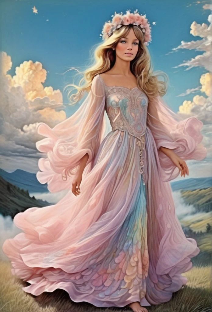 ella, seda opalescente, pasteles suaves, nubes de ensueño, vestido fluido, encanto de cuento de hadas, encanto caprichoso, , cielos en tonos pastel.,altamente intrincado 1968, años 60, letras negras, hiperrealista, Fotorrealista,,