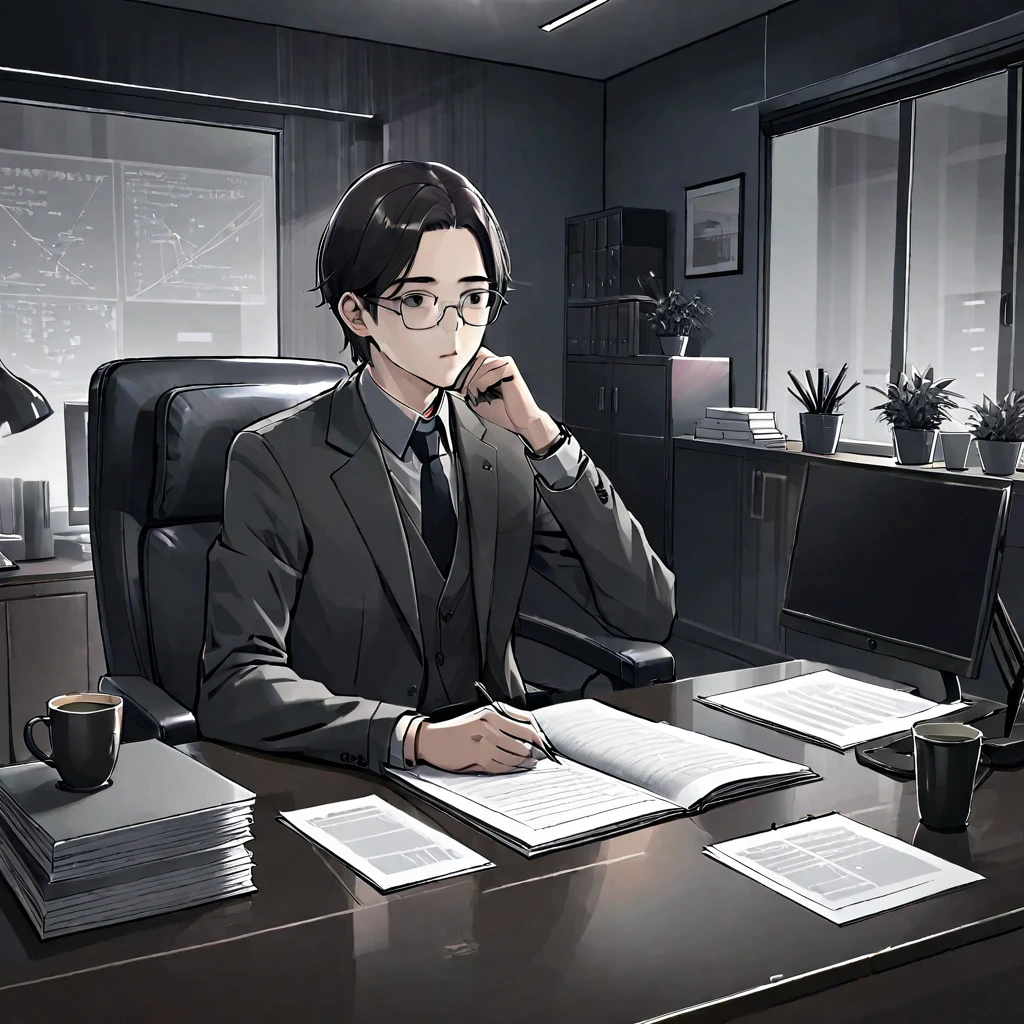 A man wearing glasses，Wearing a gray and black suit，Company executives，Sitting on the sofa in the office，There are documents and a computer on the table in front of me.。Line drawing style，Suspenseful dark style。