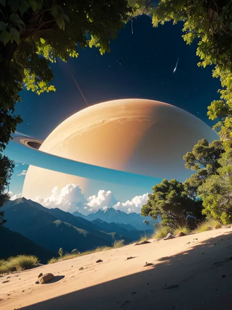 professional photo. a huge view of Saturn in shape. tropical mountain jungle, clear day.