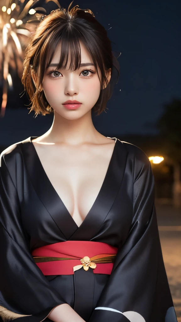 (8K、RAW Photosgraphy、Highest quality、masterpiece:1.2)、(Realistic、Realistic:1.37)、Ultra-high resolution、One Girl、smile,cute、alone、night、Sitting、date、(Nose redness)、(Laughter:1.1)、(Closed)、Big Breasts 、Beautiful Eyes、(short hair:1.2)、(((Fireworks bursting into the sky、night)))、(((kimono、yukata)))、Perfect body、Perfect Fingers、Professional Lighting、Japanese Goddess、gravure、Detailed face and skin texture、Fine grain、RAW Photos