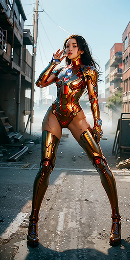 RAW, Masterpiece, Ultra Fine Photo,, Best Quality, Ultra High Resolution, Photorealistic, Sunlight, Full Body Portrait, Stunningly Beautiful,, Dynamic Poses, Delicate Face, Vibrant Eyes, (Side View) , she is wearing a futuristic Iron Man mech, red and gold color scheme, highly detailed abandoned warehouse background, detailed face, detailed and complex busy background, messy, gorgeous, milky white, high detailed skin, realistic skin details, visible pores , sharp focus, volumetric fog, 8k uhd, dslr camera, high quality, film grain, fair skin, photorealism, lomography, sprawling metropolis in futuristic dystopia, view from below, translucent