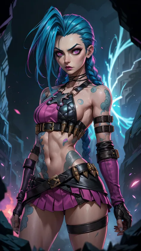 jinx arcane, uma mulher com hair blue e tatuagens, cyberpunk woman anime woman,(mini skirt pink :1.4) ,hyper detailed,extremely ...