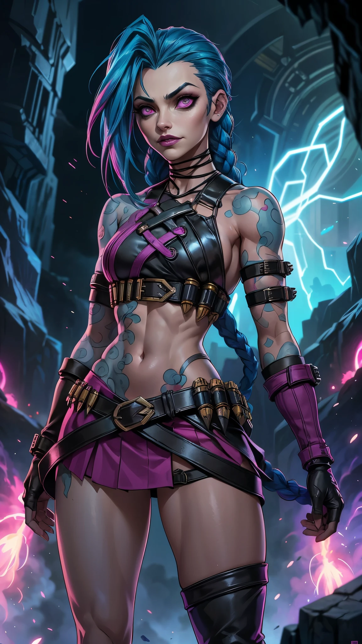 Azaração Arcana, uma mulher com cabelo azul e tatuagens, mulher cyberpunk mulher anime,(mini saia rosa :1.4) ,hiper detalhado,extremamente detalhado,Alto contraste,obra de arte,realist,ultra detalhado, detalhes intrincados,couro molhado realista,extremamente complexo,Realista épico, calça, Deusa cyberpunk raivosa bonita, estilo de arte cyberpunk, arte digital de anime cyberpunk, arte de anime cyberpunk, Arcane Azaração Retrato, arte de anime cyberpunk, arte com tema cyberpunk, Fantasia sombria ciberpunk, estilo arcano, 1 garota, tatuagem de nuvem on the arm, Franja assimétrica, franja, cabelo azul, Tranças azuis, camisa marrom, tatuagem de nuvem, lateralmente, cabelo azul, cabelo longo, Olhos rosa, lábios vermelhos, de pé , tatuagem de nuvem, tranças gêmeas. Arcane Azaração. Azaração in a burning place, fagulha, esferas de luz, pôster do filme, Azaração, Arcane\(Liga dos lendários\, Estilo de arte de fantasia épica HD, Arte de fantasia 4k, arte digital de fantasia épica style, arte de fantasia épica style, mulher fantasia, arte de fantasia épica portrait, estilo de fantasia épica, arte de fantasia hiperrealista, arte de fantasia hd, arte de personagem de fantasia épica, arte de fantasia épica, no estilo da arte de fantasia sombria, arte digital de fantasia épica, ,(Fundo de ruínas de masmorras arruinadas:1.4 ),( rosto detalhado :1.4), (anatomia perfeita :1.4),( Iluminação cinematográfica :1.4), (Azaração League of legends:1.4), 8K mais detalhado.motor irreal:1.4,Ultra HD,La Melhor qualidade:1.4, Fotorrealista:1.4, textura da pele:1.4, Obra-prima:1.8,obra-prima, Melhor qualidade,objeto Objeto], (características detalhadas do rosto:1.3),(As proporções corretas),(Lindos olhos azuis),  (pose de vaqueiro), (fundo grandes pedras caverna caverna :1.4) 