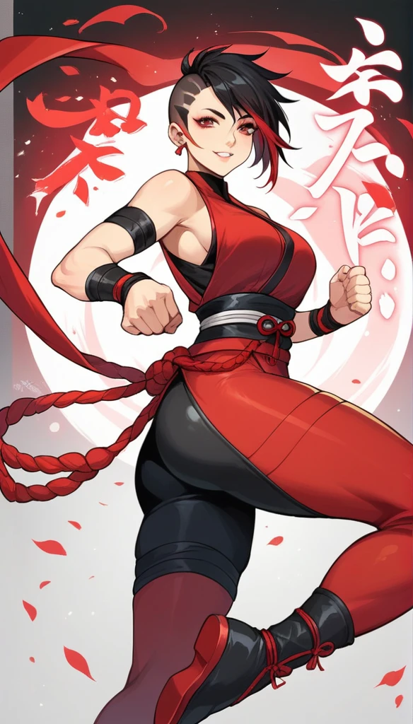 mixed_artstyle, 1 girl, Alone, hands, Asian,  short black hair with red highlights, red eyes, High quality images, curves visible, cinematic, wallpaper style, view from below, Ninja outfit, Oni mask, black colors with red details, red sword, jumping pose, effects, inkpunk style