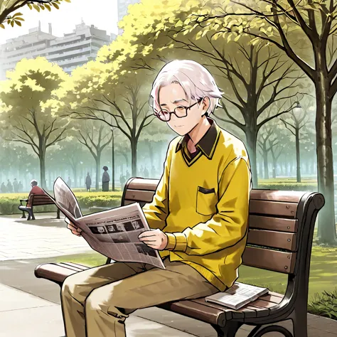 an elderly man wearing glasses，white hair，wearing a yellow shirt，sitting on a park bench reading a newspaper。line drawing style，...