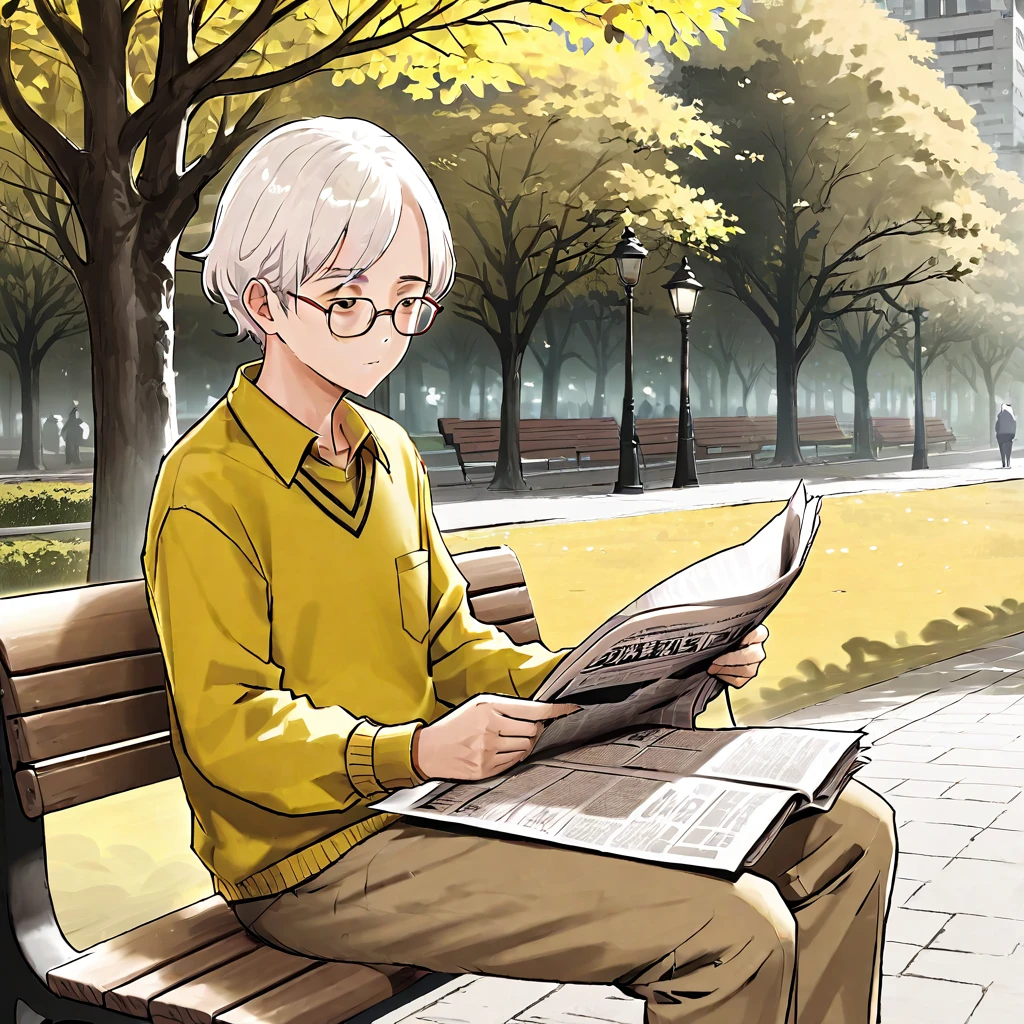 An elderly man wearing glasses，White hair，Wearing a yellow shirt，Sitting on a park bench reading a newspaper。Line drawing style，Suspenseful dark style。