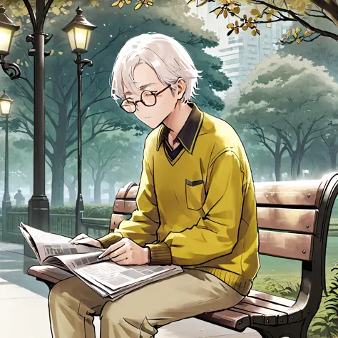 an elderly man wearing glasses，white hair，wearing a yellow shirt，sitting on a park bench reading a newspaper。line drawing style，...