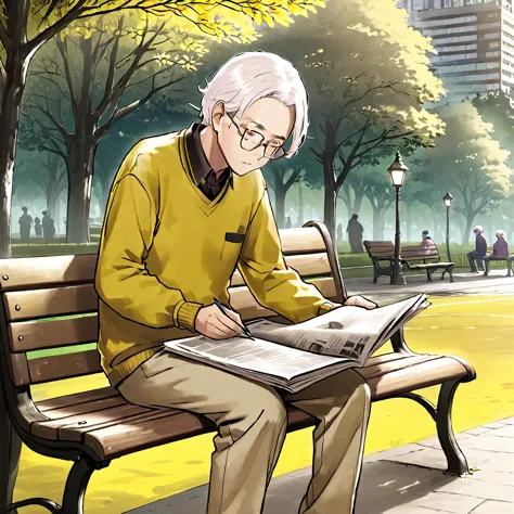 an elderly man wearing glasses，white hair，wearing a yellow shirt，sitting on a park bench reading a newspaper。line drawing style，...