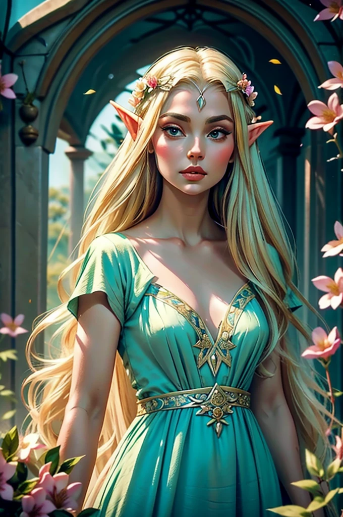 Eine Elfenkönigin mit Blumen im Haar und einem eleganten Elfenkleid, Ätherisch 