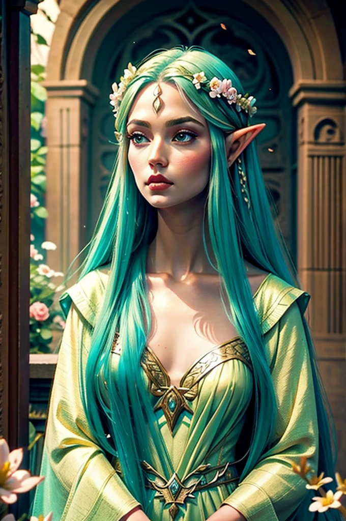 Eine Elfenkönigin mit Blumen im Haar und einem eleganten Elfenkleid, Ätherisch 