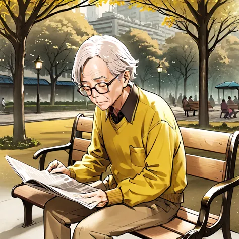 an elderly man wearing glasses，a lot of wrinkles on the face，white hair，wearing a yellow shirt，sitting on a park bench reading a...