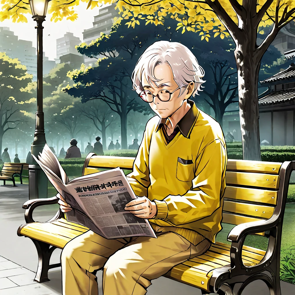 An elderly man wearing glasses，A lot of wrinkles on the face，White hair，Wearing a yellow shirt，Sitting on a park bench reading a newspaper。Line drawing style，Suspenseful dark style。