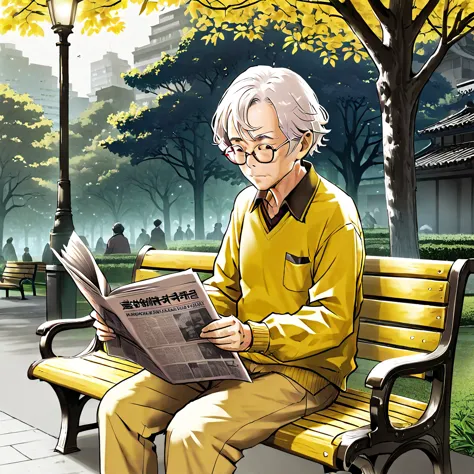 an elderly man wearing glasses，a lot of wrinkles on the face，white hair，wearing a yellow shirt，sitting on a park bench reading a...