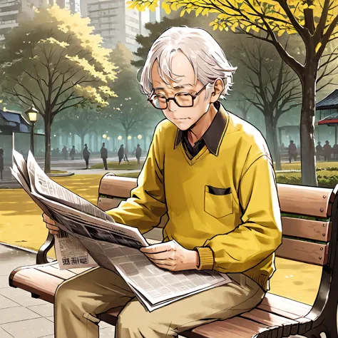 an elderly man wearing glasses，a lot of wrinkles on the face，white hair，wearing a yellow shirt，sitting on a park bench reading a...