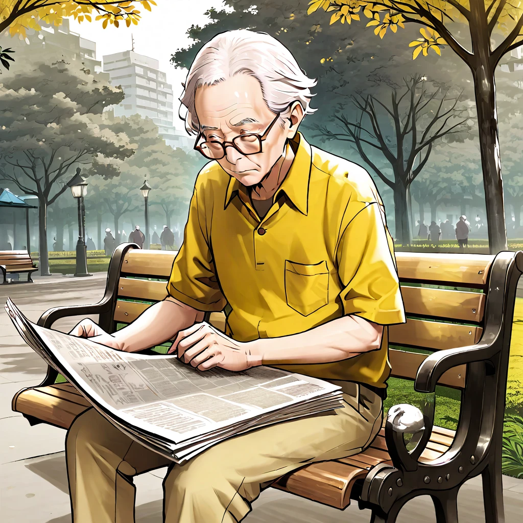 An elderly man wearing glasses，A lot of wrinkles on the face，White hair，Wearing a yellow shirt，Sitting on a park bench reading a newspaper。Line drawing style，Suspenseful dark style。