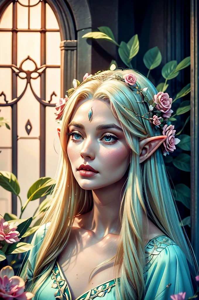 A elven queen with flowers in her hair and dress in an elegant elven dress, ethereal ageless but older than 20 looking, wearing a more prominent crown