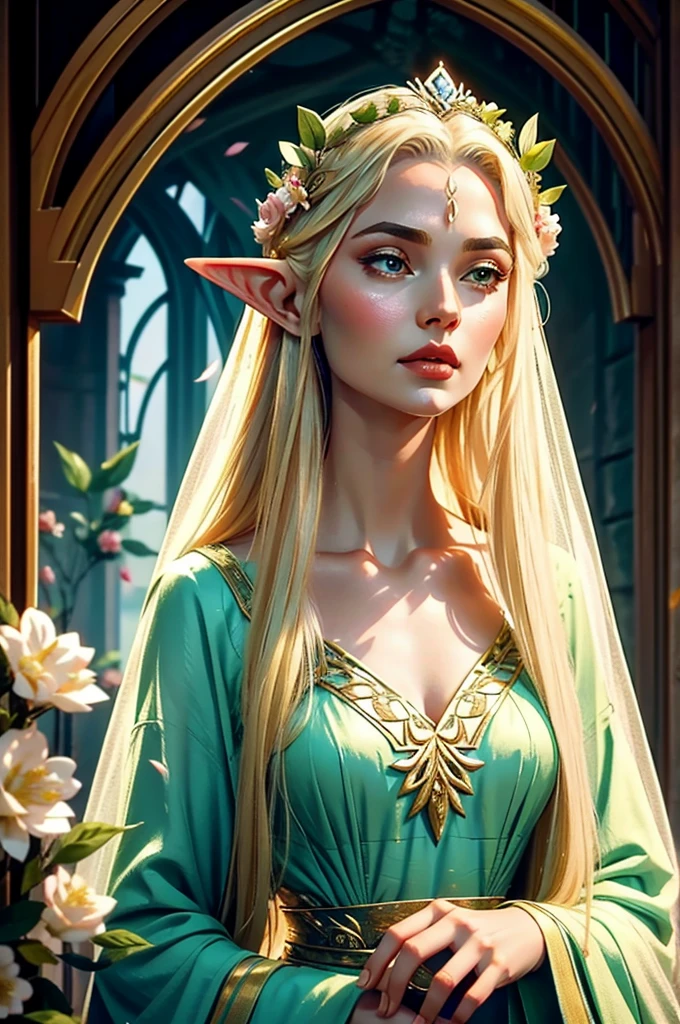 A elven queen with flowers in her hair and dress in an elegant elven dress, ethereal ageless but older than 20 looking, wearing a more prominent crown