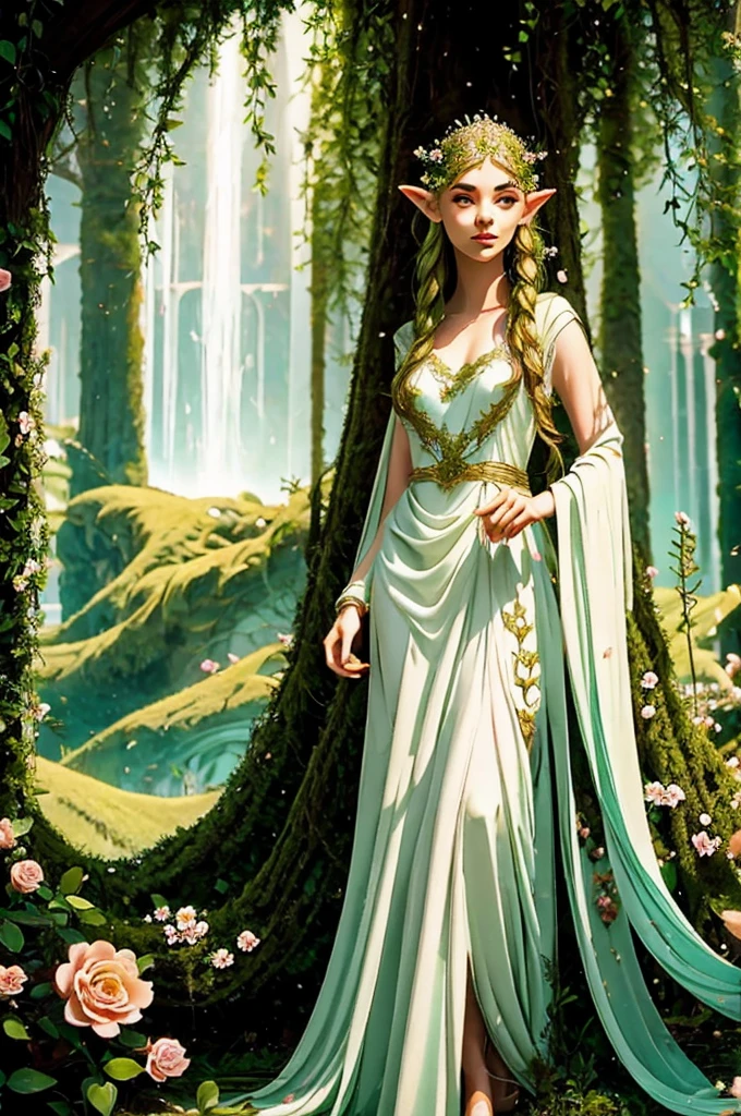 A elven queen with flowers in her hair and dress in an elegant elven dress, ethereal. 