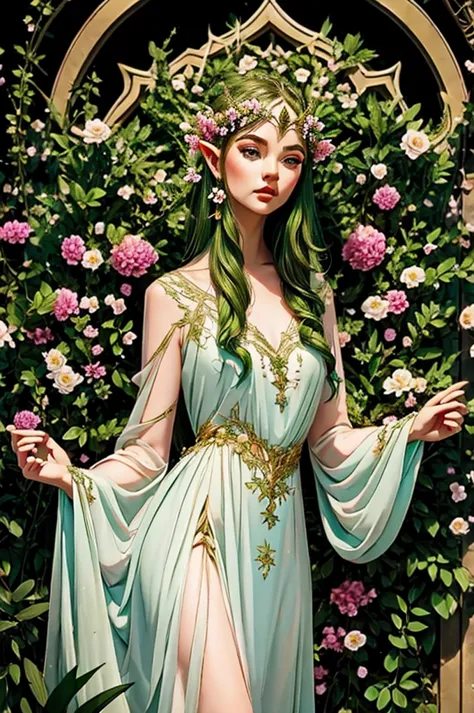 A elven queen with flowers in her hair and dress in an elegant elven dress, ethereal. 