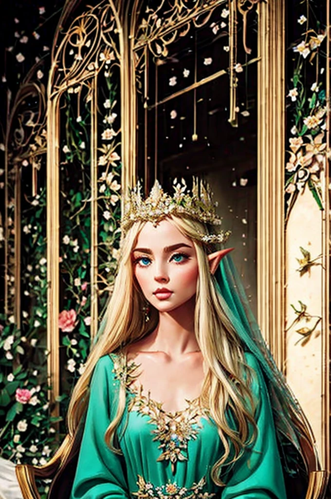 A elven queen with flowers in her hair and dress in an elegant elven dress, ethereal ageless but older than 20 looking, wearing a more prominent crown
