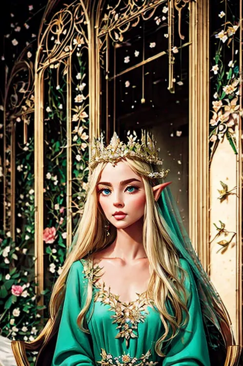 A elven queen with flowers in her hair and dress in an elegant elven dress, ethereal ageless but older than 20 looking, wearing ...