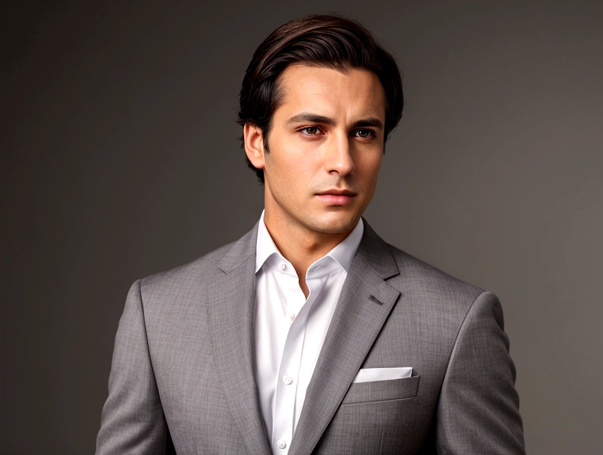 (professional man in suit), (no beard,) (gray eyes) (portrait) Handsome and serious appearance, dark brown hair, Elegant, and strong body, very formal white shirt, (Picture realistic and high quality), ((Best quality, 8k, master piece).