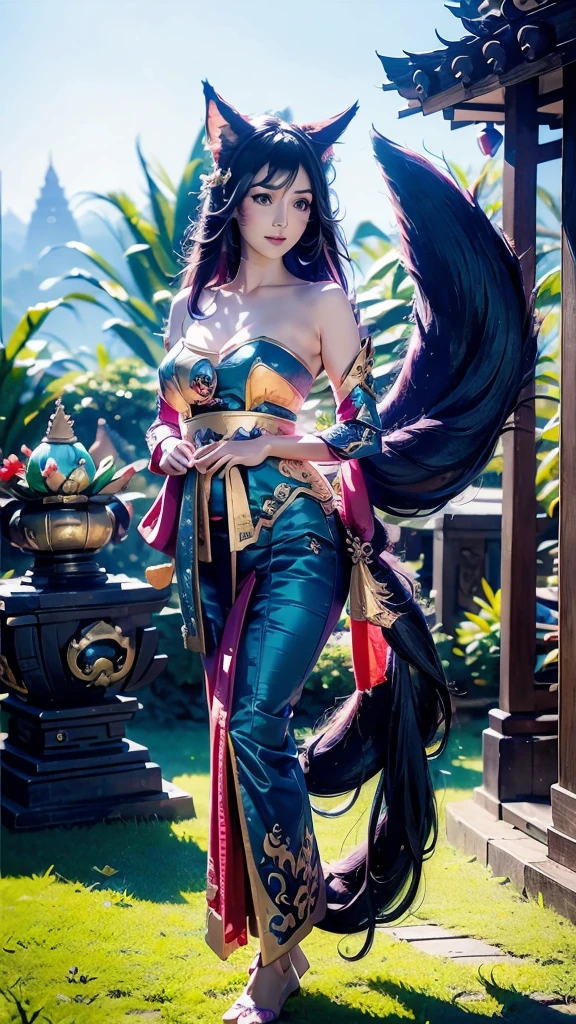 Meisterwerk, Konzeptkunst, Nahaufnahme, ahri \(League of Legends\), (Neunschwänziger Fuchs), Kebaya_Bali Blau, Niedlich, Stehen, (Porträt), Bali Tempel Hintergrund, epische Komposition, epischer Anteil, HD