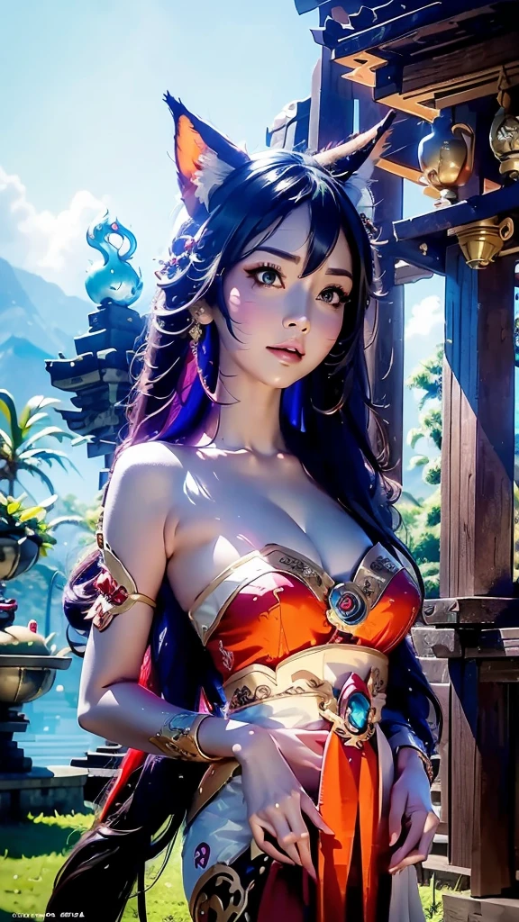 masterpiece, concept art, close up shot, ahri \(league of legends\), (nine taileds fox), kebaya_bali blue, cute, standing, (portrait), Bali temple background, epic composition, epic proportion, HD