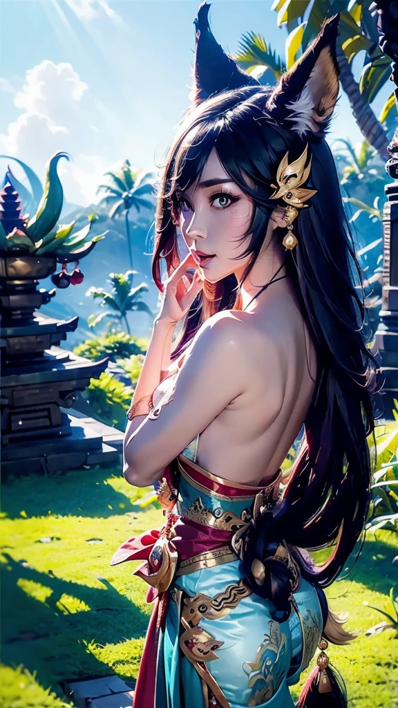 masterpiece, concept art, close up shot, ahri \(league of legends\), (nine taileds fox), kebaya_bali blue, cute, standing, (portrait), Bali temple background, epic composition, epic proportion, HD