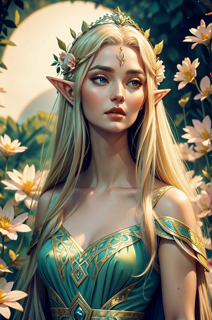 A elven queen with flowers in her hair and dress in an elegant elven dress, ethereal ageless but older than 20 looking, wearing a more prominent crown