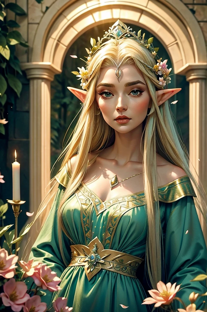 Eine Elfenkönigin mit Blumen im Haar und einem eleganten Elfenkleid, ätherisch, zeitlos, aber älter als 20 aussehend, das Tragen einer markanteren Krone