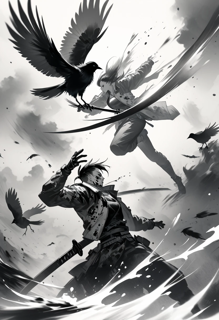 (Ink painting:1.2),Ink Painting,Black and white painting,splash,Several crows fly,Intense sword fighting scene,Cyberpunk style,Dynamic movement and powerful brushstrokes、final fantasy seriesの,